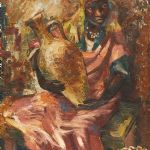 Oljemålning, Rudolf Gowenius (1896-1960), Kvinna med krus, med etikett på baksida: XV Salon de Tuileries, Paris, 61x46